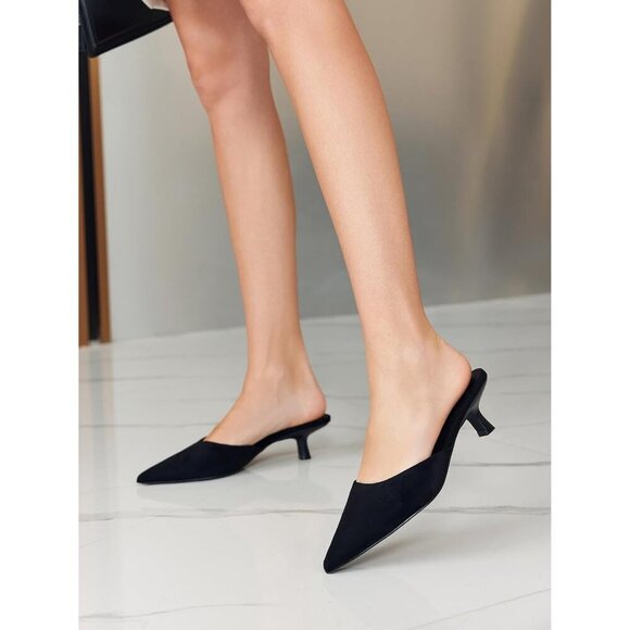 🆕Women's Black Kitten Low Heel Mules Closed Pointed Toe Pumps Slip-On Backless - Picture 2 of 6